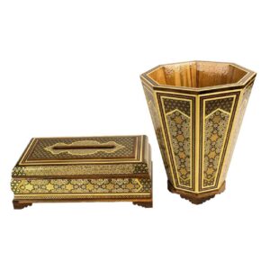 Persian Khatamkari Art Waste Basket and Tissue Box Set – Handcrafted for Home & Office Decor