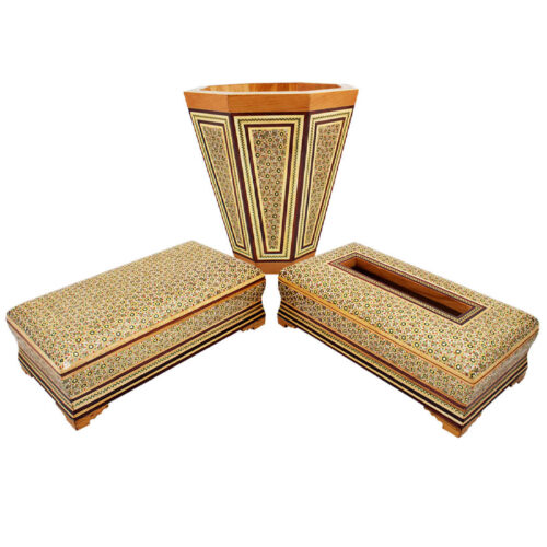 Persian Khatamkari Waste Basket and Tissue Box – Handcrafted Décor for Living Spaces
