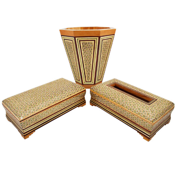 Persian Khatamkari Waste Basket and Tissue Box - Handcrafted Décor for Living Spaces