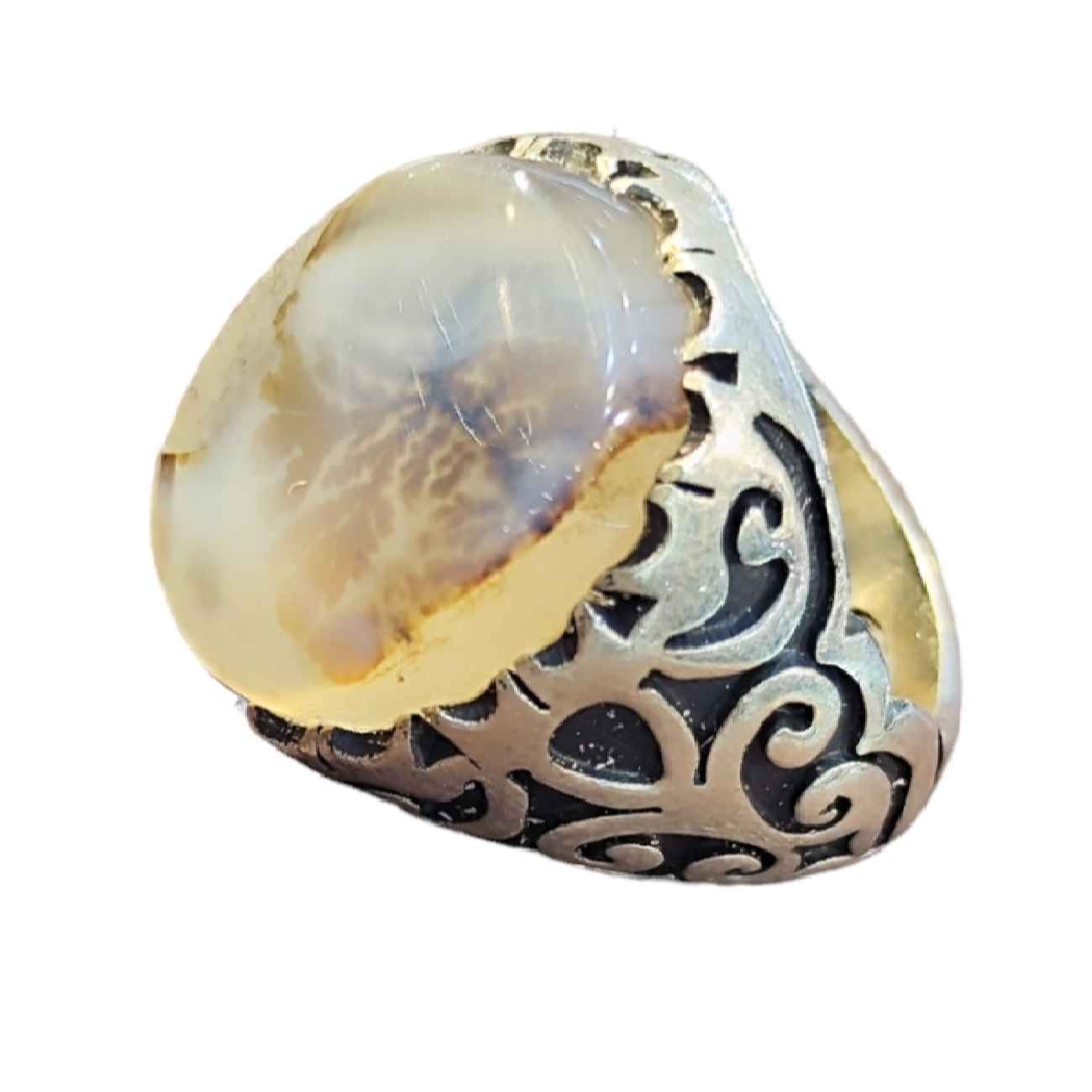 Persian Men's Silver Ring with Agate Stone Model Shajar