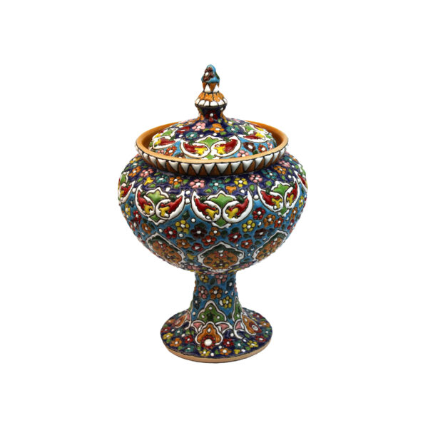 Persian Pottery Sugar Footed Bowl with Lid - Minakari Enameled with Floral Design