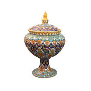 Persian Pottery Sugar Bowl with Lid – Minakari Enameled with Floral Paisley Design