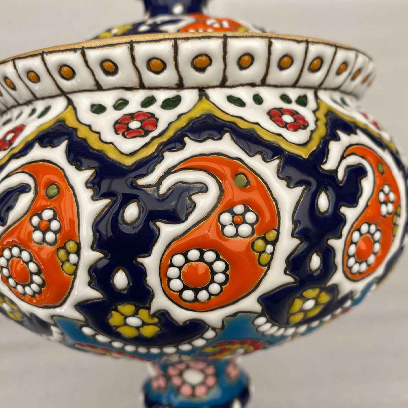 Persian Pottery Sugar Bowl with Lid – Minakari Enameled with Paisley Design