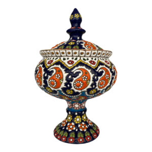 Persian Pottery Sugar Bowl with Lid – Minakari Enameled with Paisley Design