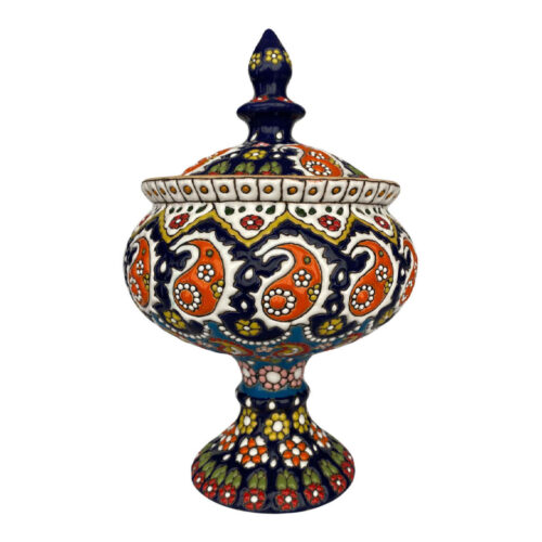 Persian Pottery Sugar Bowl with Lid – Minakari Enameled with Paisley Design