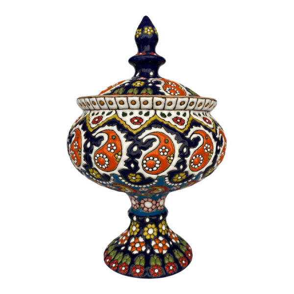Persian Pottery Sugar Bowl with Lid - Minakari Enameled with Paisley Design