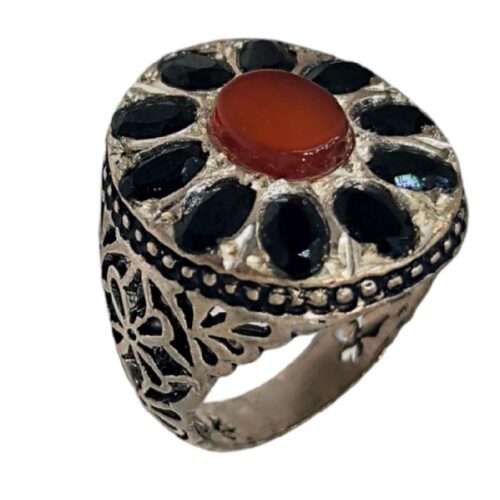 Persian Silver Ring for Men with Agate and Sapphire Stone – Unique Statement Jewelry