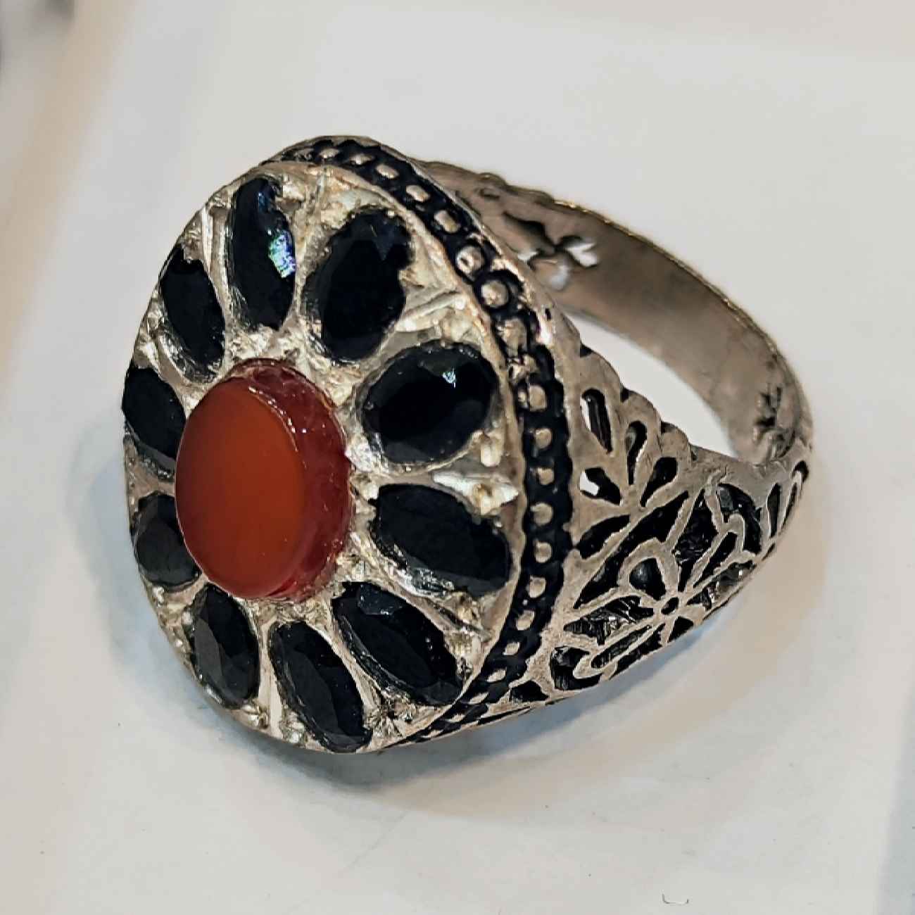 Persian Silver Ring for Men with Agate and Sapphire Stone – Unique Statement Jewelry