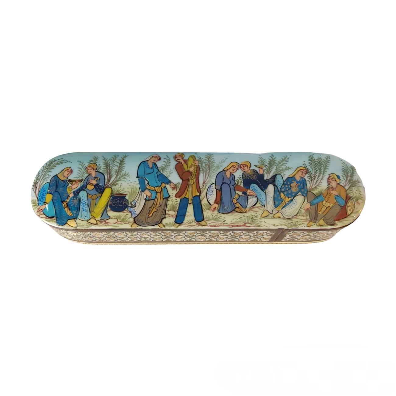 Persian Wooden Pencil Box with Handcrafted Khatamkari & Caravan Design
