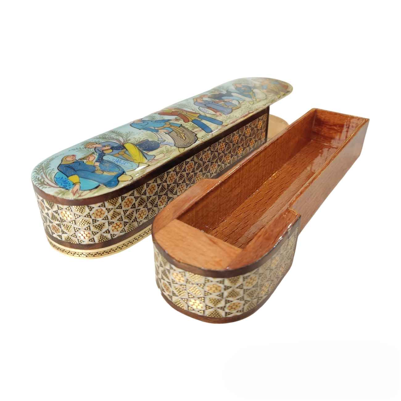 Persian Wooden Pencil Box with Handcrafted Khatamkari & Caravan Design