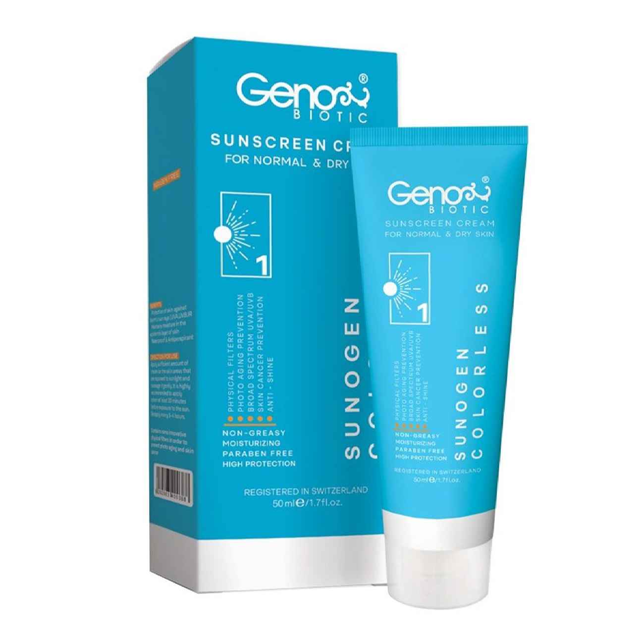Sunscreen Cream for Dry Skin & Normal  – Colorless – Geno Biotic SPF50, 50 ml (pack of 2)