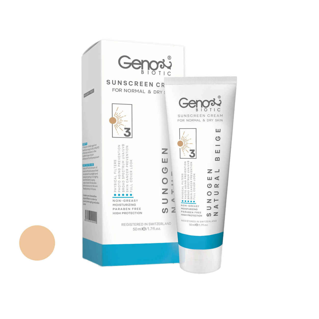 Sunscreen Cream for Dry Skin & Normal  – Natural Beige Color – Genobiotic SPF50 Tinted (pack of 2)