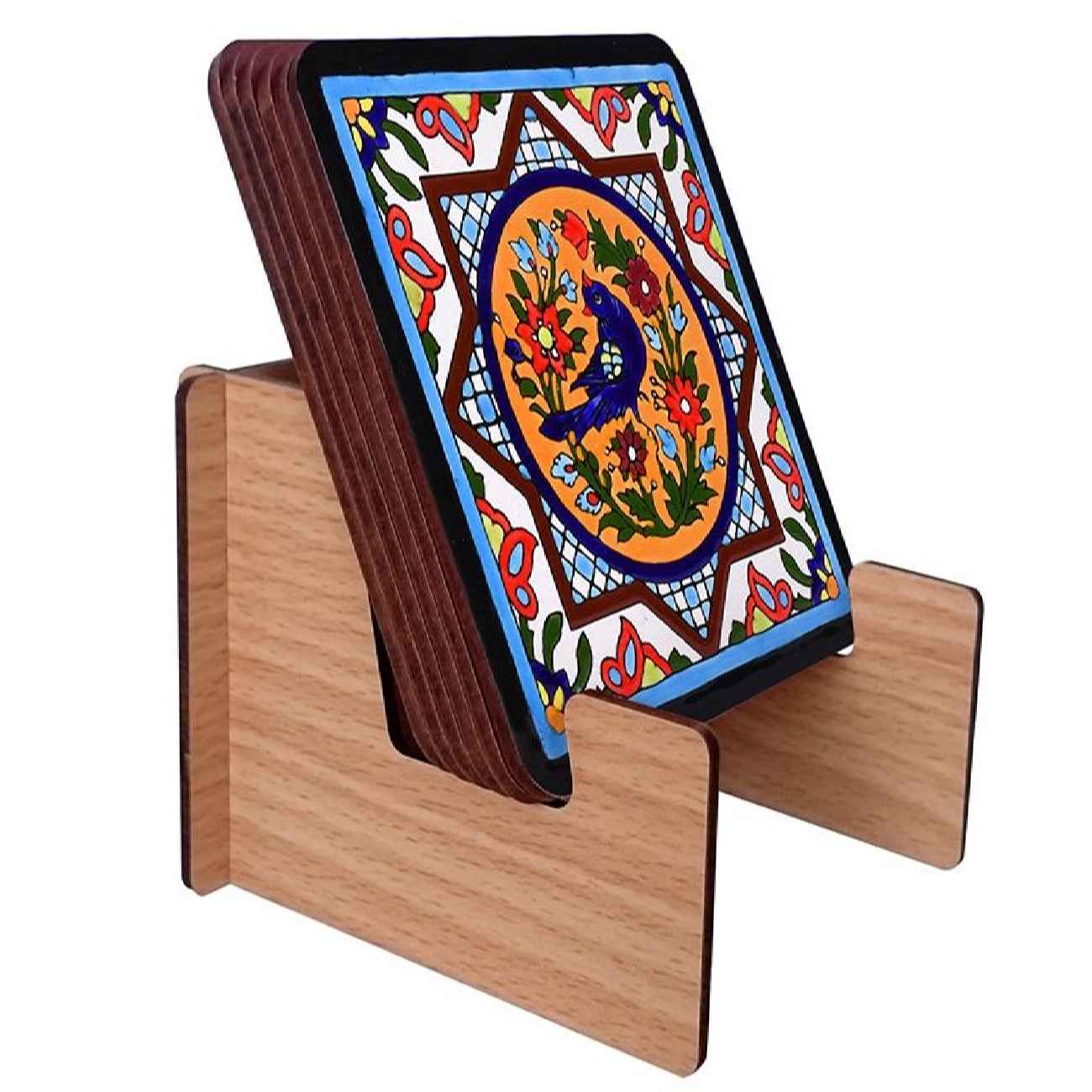 Artistic Coaster Set – Tile Model with Bird & Flower Design Pack of 6