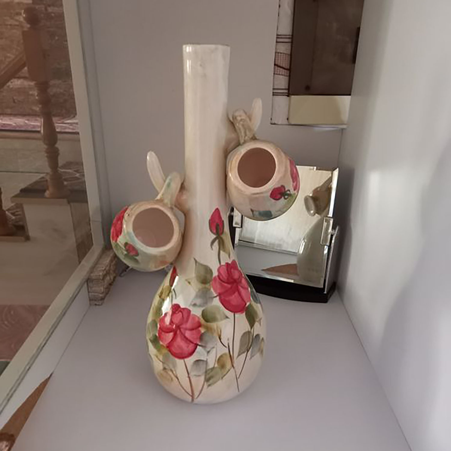 Decorative Ceramic Pitcher and Glass Set Elegant with Red Rose Design Set of 3