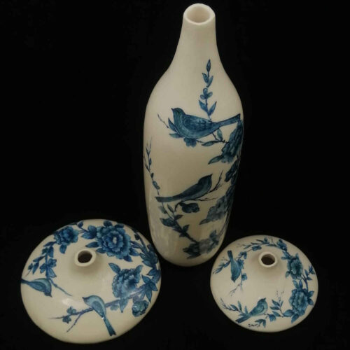 Decorative Persian Ceramic Bud Vase for Gift or Home Decor with Bird & Flower Design (x3)