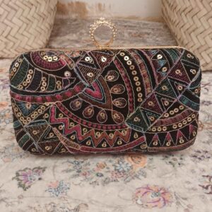 Embroidered Velvet Clutch Formal Handbag with Geometric Design