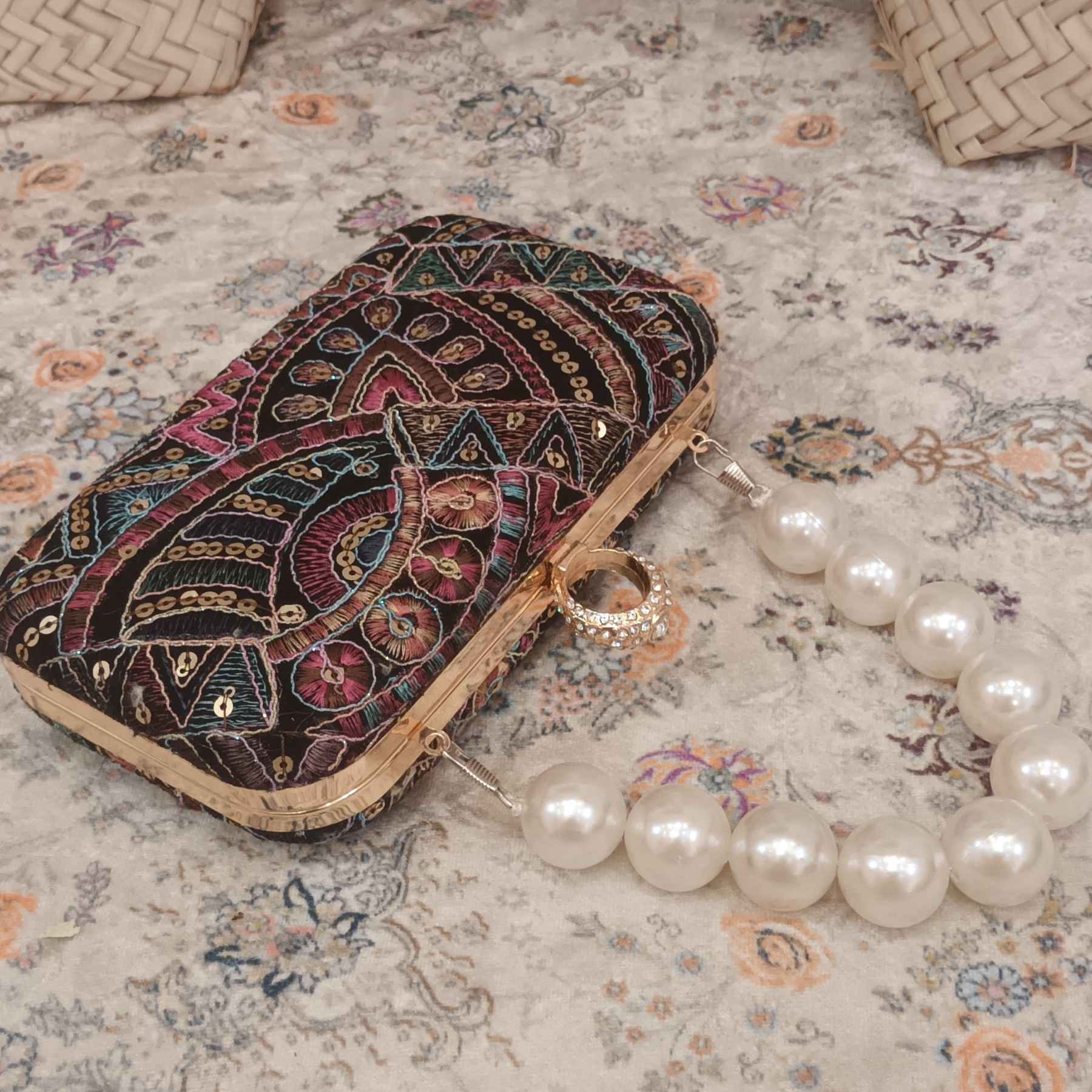 Embroidered Velvet Clutch Formal Handbag with Geometric Design