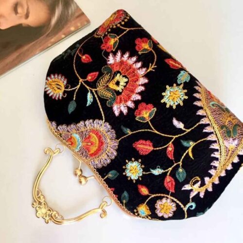 Embroidered Velvet Clutch Formal Handbag with Paisley Design in Black