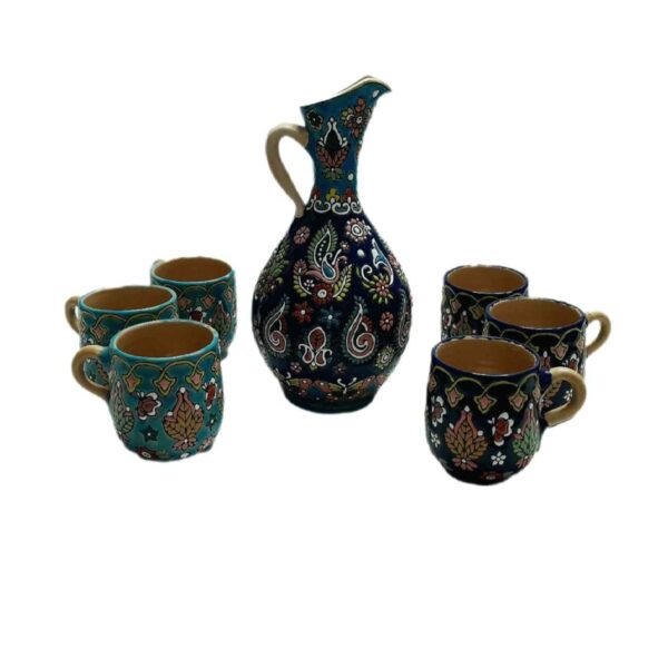 Minakari Enamelwork Pottery Pitcher & Glass Set - 7 piece with Floral Design