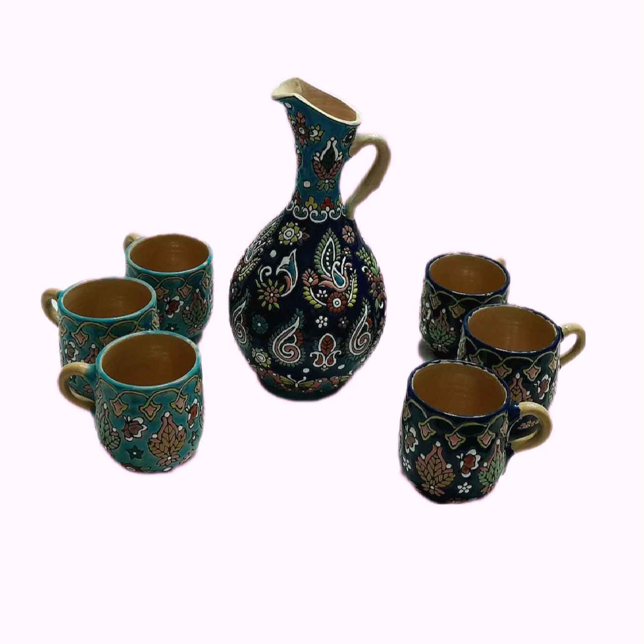 Minakari Enamelwork Pottery Pitcher & Glass Set – 7 piece with Floral Design