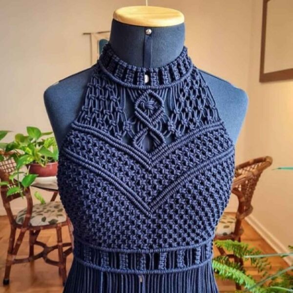 Handcrafted Bohemian Macrame Dress – Perfect for Beachside Walk in Navy Blue