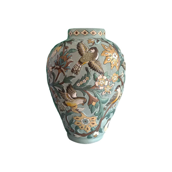 Handcrafted Decorative Persian Pottery Vase with Embossed Floral and Bird Design