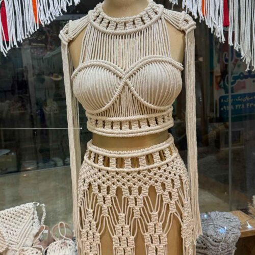 Handcrafted Macrame Dress – Crop Top and Skirt, Stylish Perfect for Beachside Walk