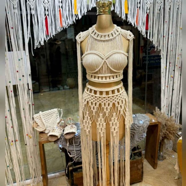 Handcrafted Macrame Dress – Crop Top and Skirt, Stylish Perfect for Beachside Walk