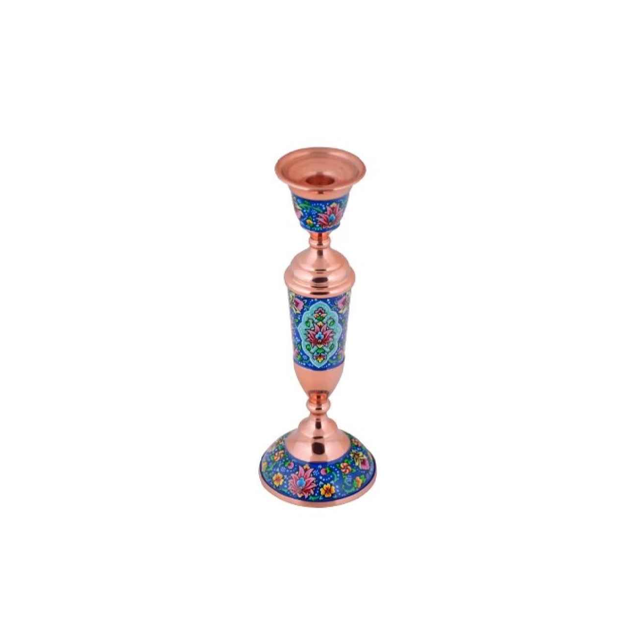 Handcrafted Persian Copper Candlestick – Inlaid Turquoise with Floral Design (x2)