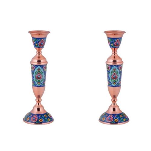 Handcrafted Persian Copper Candlestick – Inlaid Turquoise with Floral Design (x2)