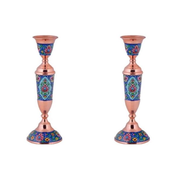 Handcrafted Persian Copper Candlestick - Inlaid Turquoise with Floral Design (x2)