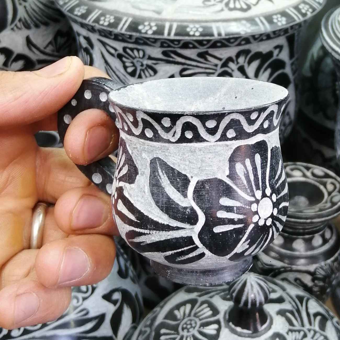 Handcrafted Stone Coffee Cup with Handle & Flower Design (2-Piece)