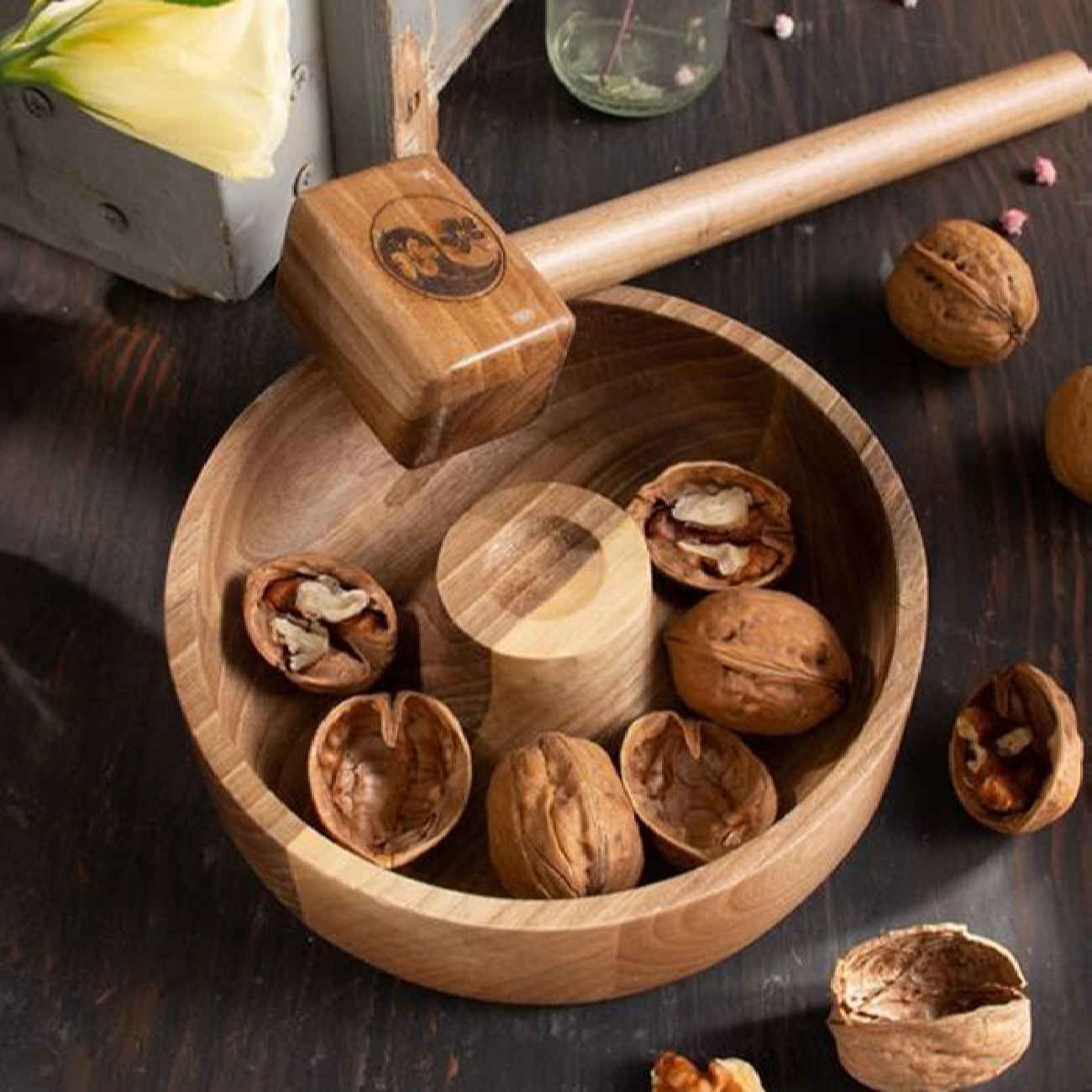 Rustic Wooden Nutcracker – Natural Hammer & Bowl Set for Home & Kitchen Use