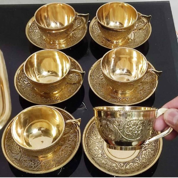 Persian Brass Teacup & Saucer Set with Floral Design in Golden (X6)
