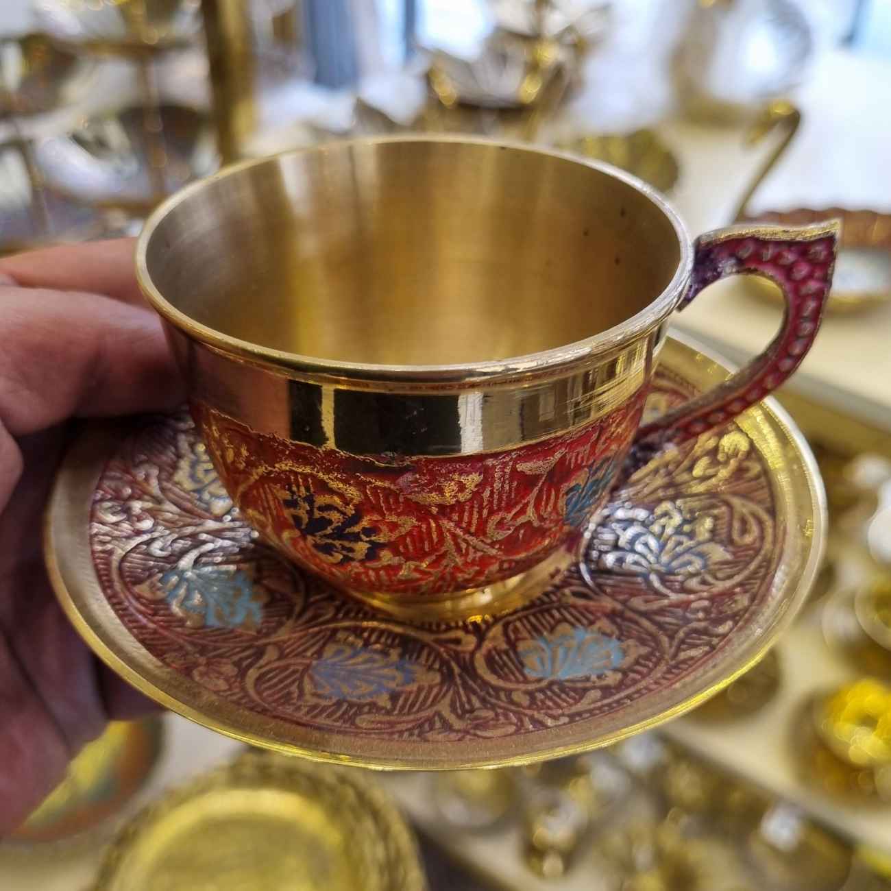Persian Brass Teacup & Saucer Set with Minakari Design (x6)