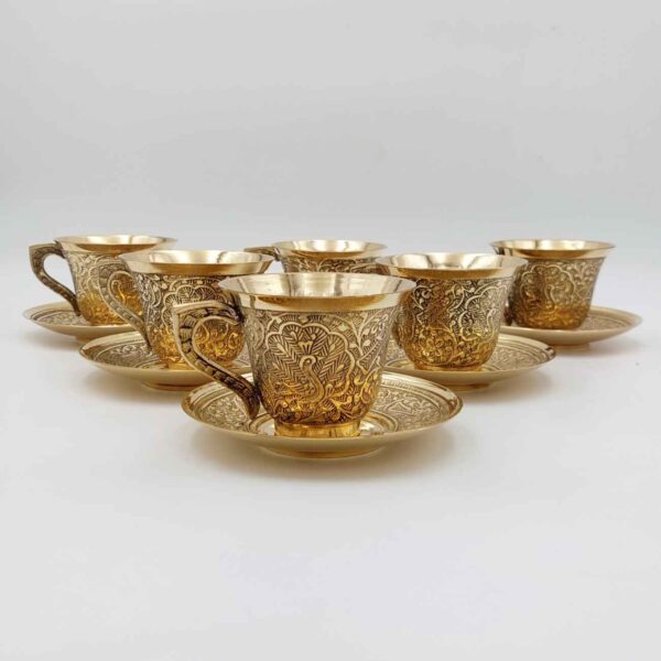Persian Brass Teacup & Saucer Set with Peacock Design in Golden (X6)