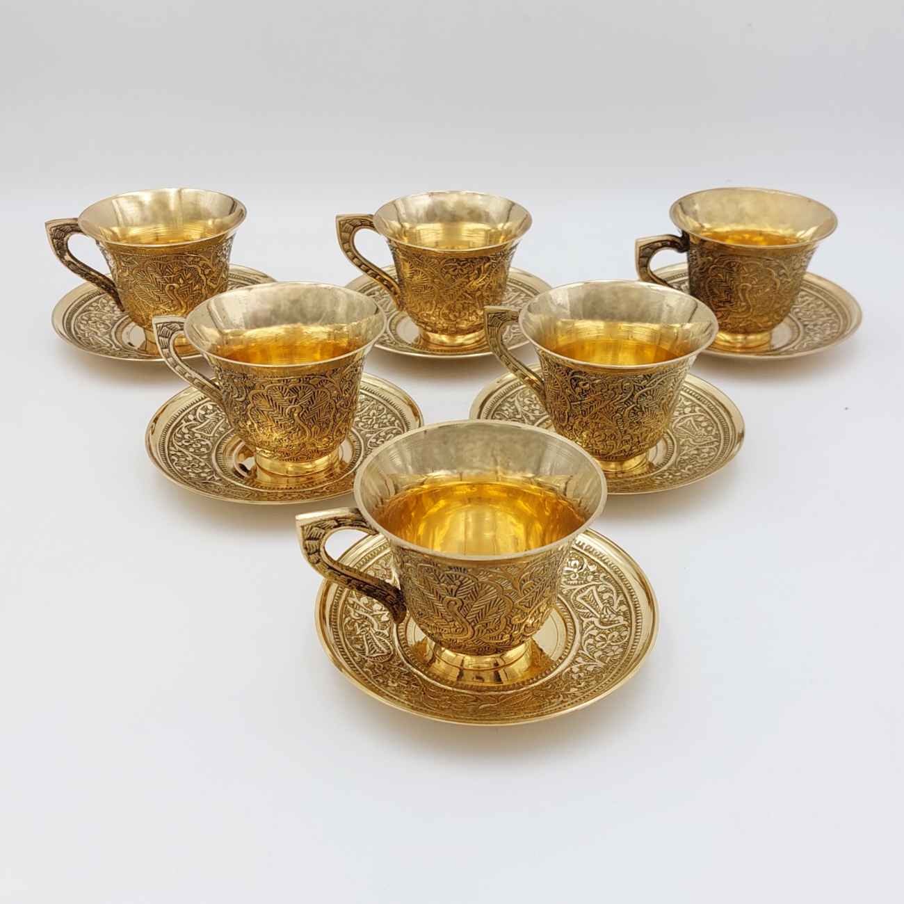 Persian Brass Teacup & Saucer Set with Peacock Design in Golden (X6)
