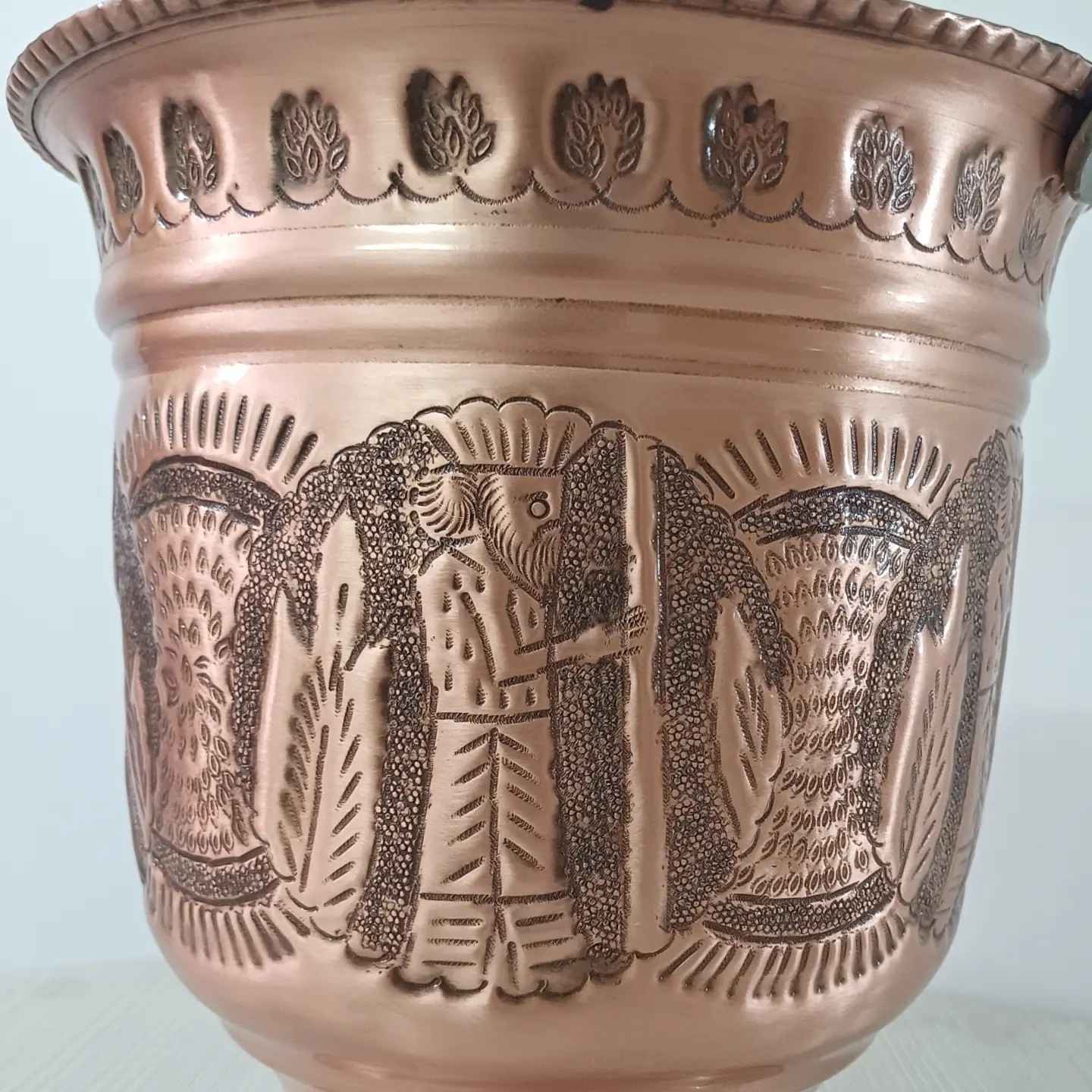 Persian Copper Waste Basket with Handle & Embossed Achaemenid Design