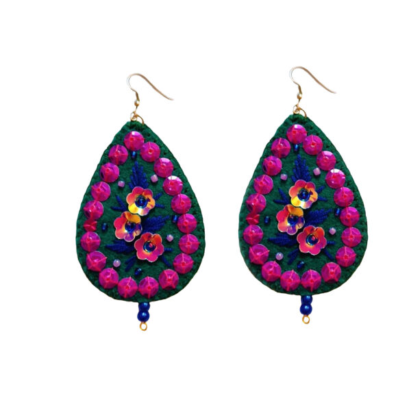 Persian Embroidered Earring Boho Style with Floral Design in Green