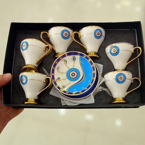 Persian Espresso Cup with Saucer – Porcelain in Evil Eye Design & Demitasse Style – (set of 6)