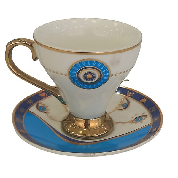 Persian Espresso Cup with Saucer – Porcelain in Evil Eye Design & Demitasse Style – (set of 6)