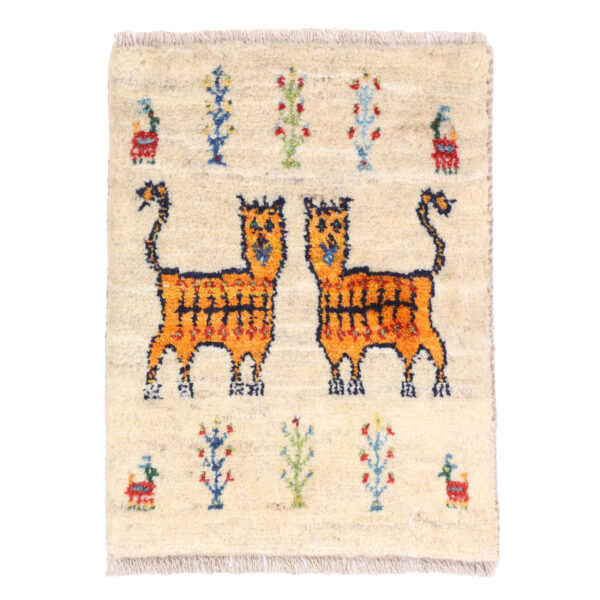 Persian Gabbeh Rug with Wool Handwoven in Shiraz Cats in Cream