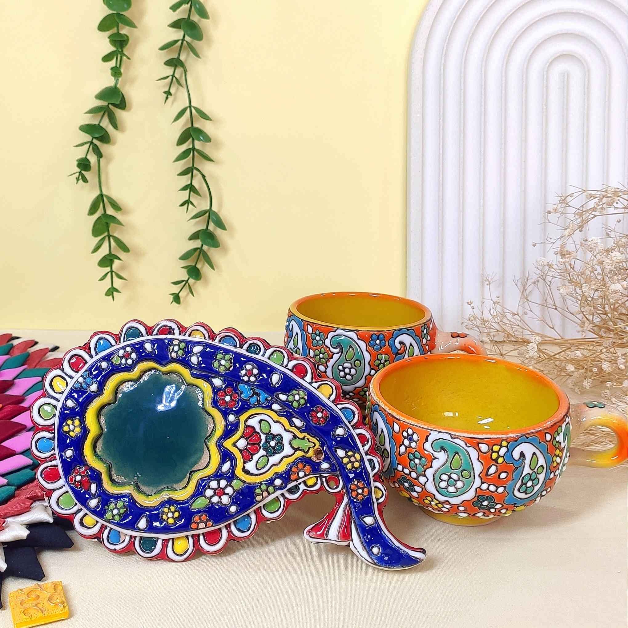 Persian Minakari Handcraft Pottery Teacup with Termeh Saucer (Enameled Design)