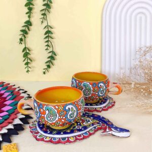Persian Minakari Handcraft Pottery Teacup with Termeh Saucer (Enameled Design)