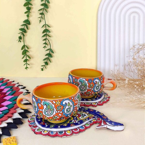 Persian Minakari Handcraft Pottery Teacup with Termeh Saucer (Enameled Design)