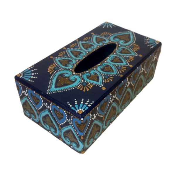 Wooden Tissue Box in Blue with Flower & Heart Design