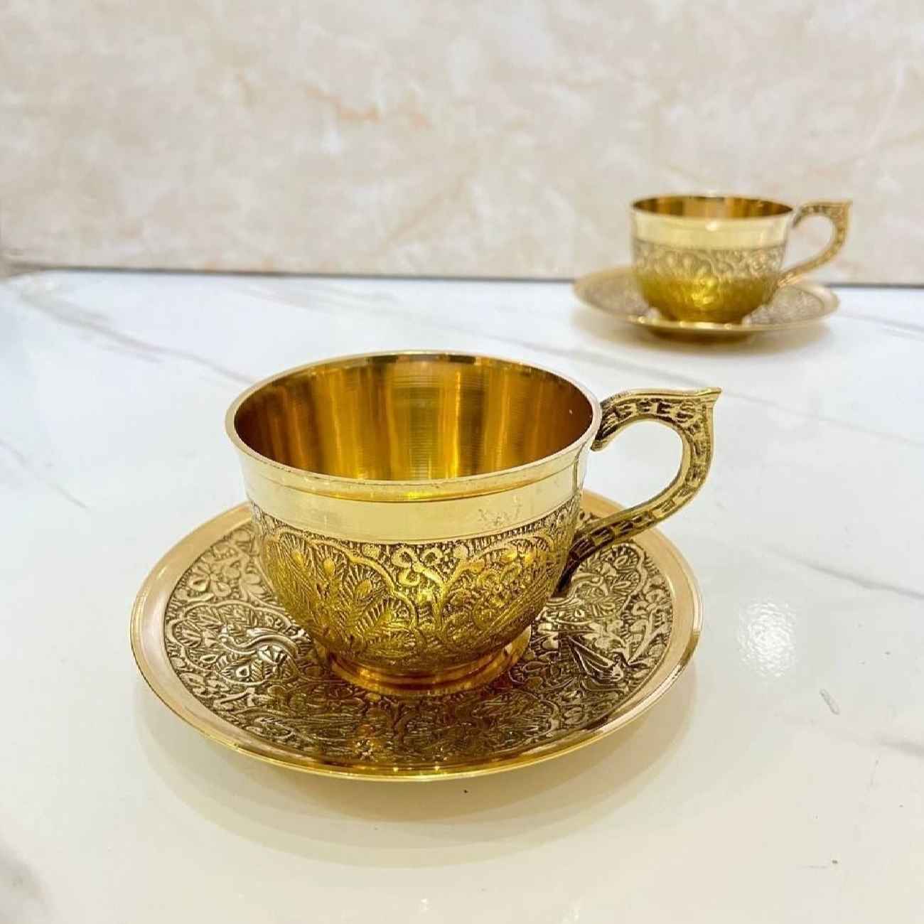 Persian High-Quality Brass Teacup & Saucer Set with Peacock Design (x6)