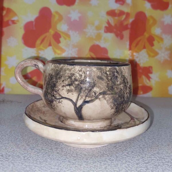 Persian High-Quality Pottery Teacup & Saucer with Tree Design