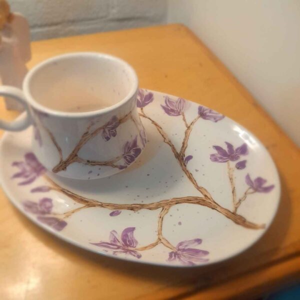 Persian Pottery Teacup and Saucer with Elegant Lavender Design