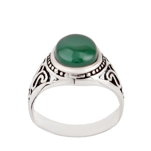 Persian Men’s Silver Ring with Cylindrical Band and Agate Stone in Green